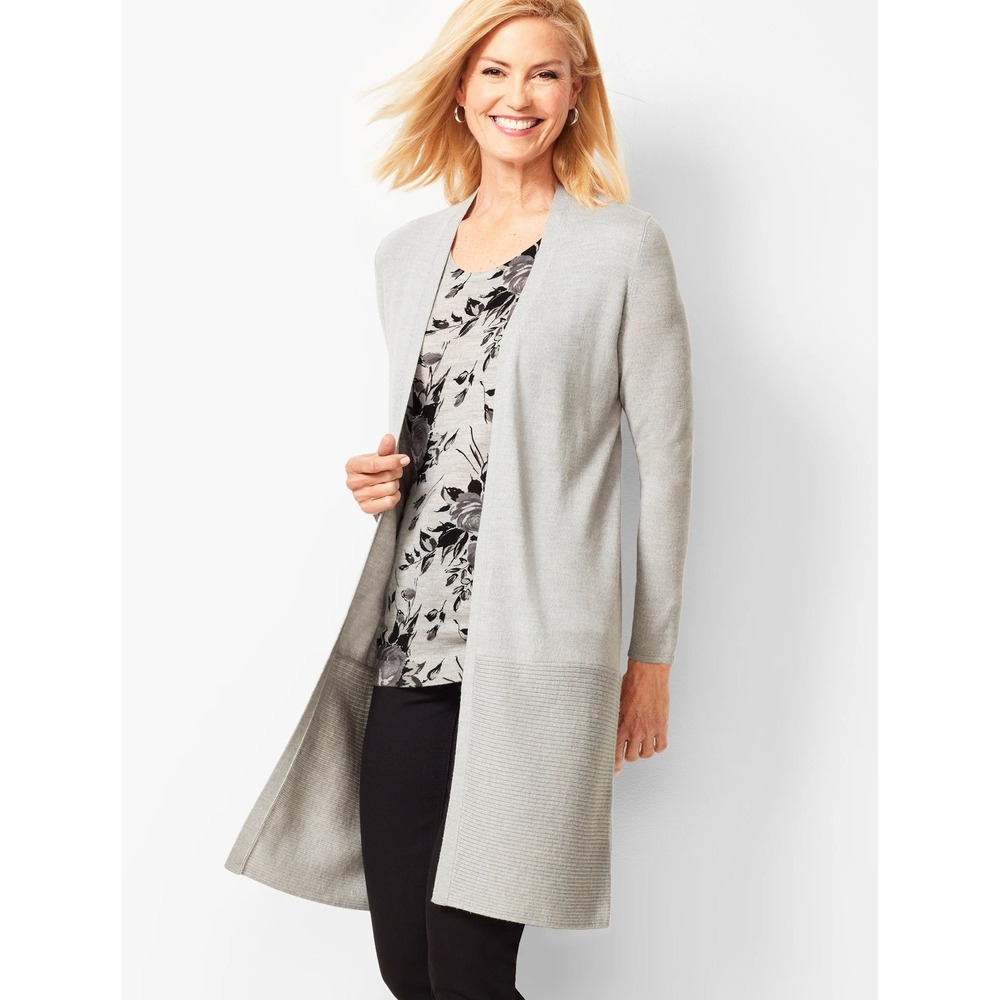 Talbots Merino Wool Cardigan Open Front Long Longline Gray size Large